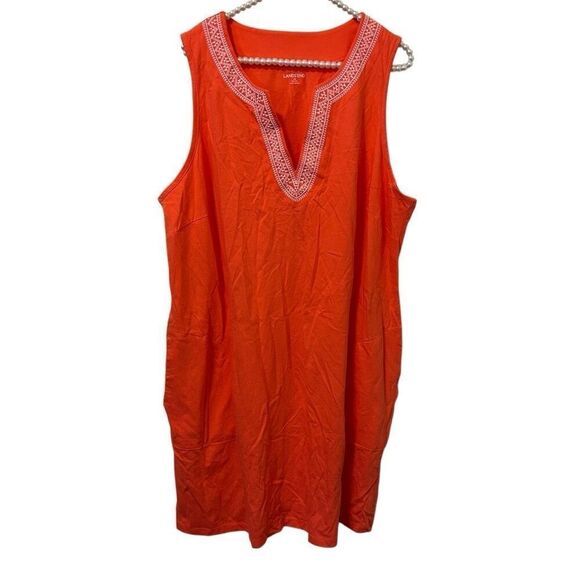 LANDS' END Orange Dress 2X Embroidered White pockets Swim Coverup beach coastal - Picture 1 of 10